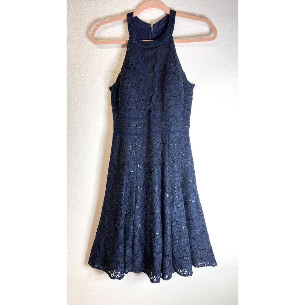 Morgan & Co. Navy Blue Sequin Lace Halter Dress Lined Size 7/8